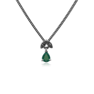 Art Nouveau Style Pear Emerald & Marcasite Pendant in 925 Sterling Silver