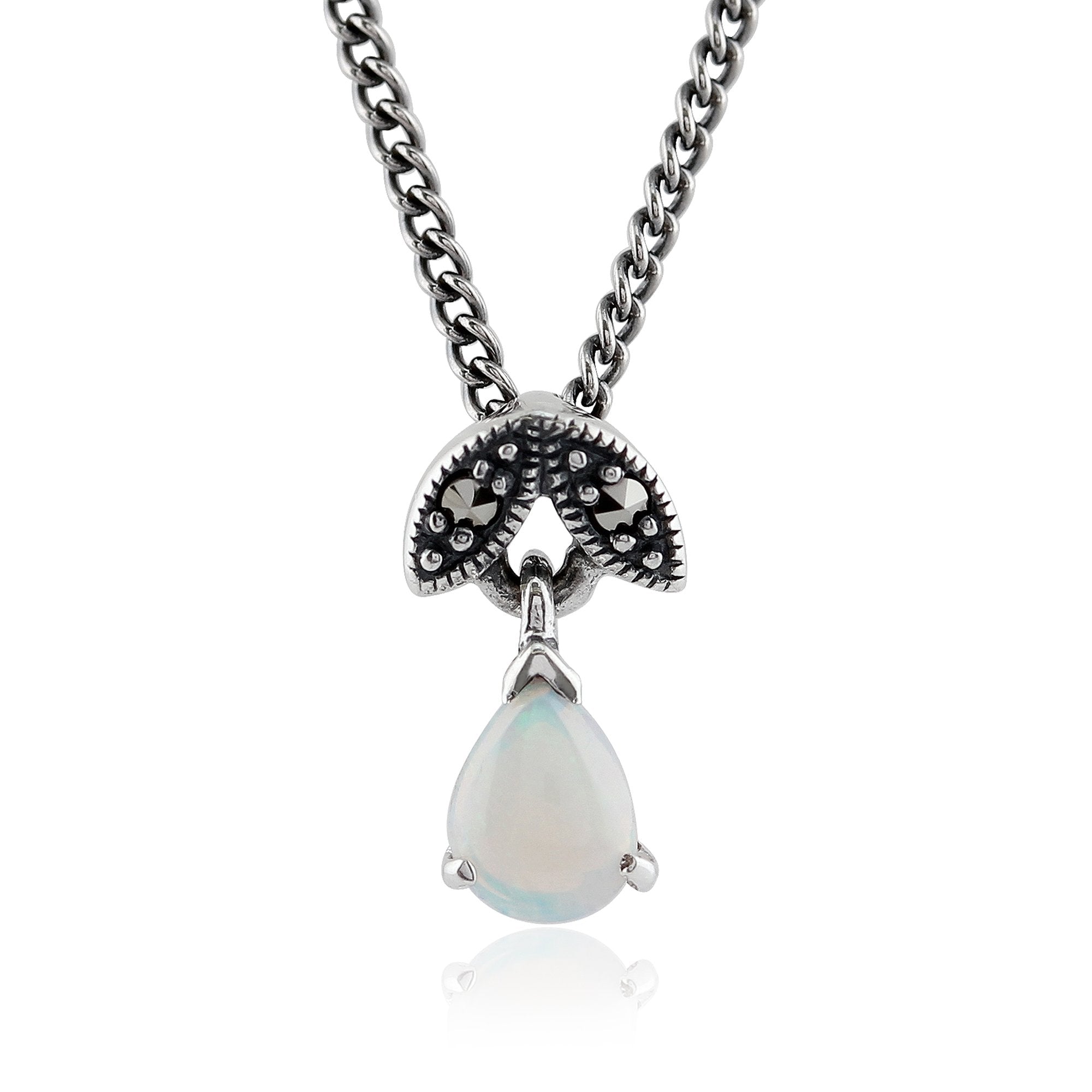 Art Nouveau Style Pear Opal & Marcasite Pendant in 925 Sterling Silver