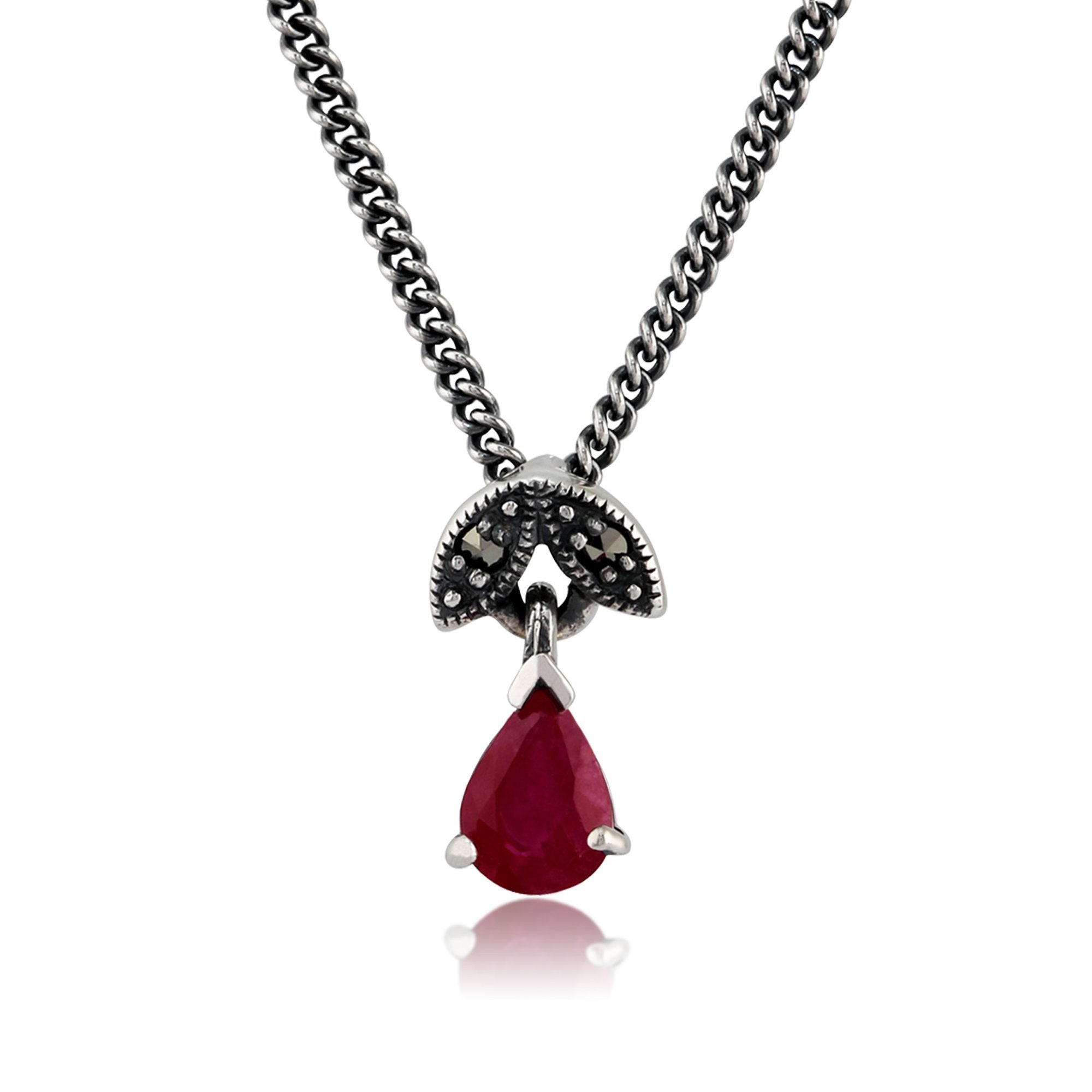 Art Nouveau Style Pear Ruby & Marcasite Pendant in 925 Sterling Silver