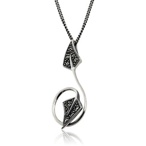 Art Nouveau Style Round Marcasite Leaf Pendant in 925 Sterling Silver