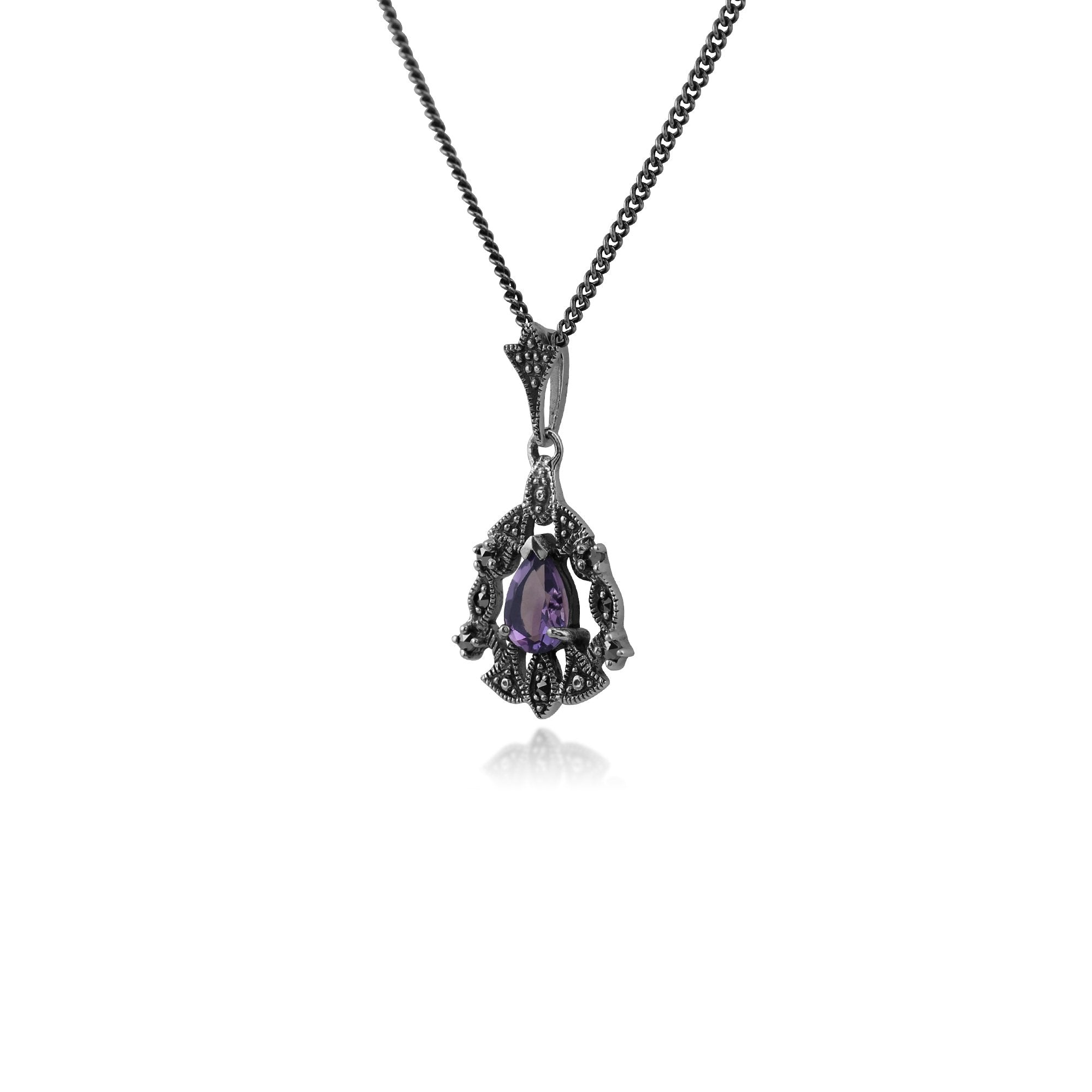 Art Nouveau Style Pear Amethyst & Marcasite Garland Necklace in 925 Sterling Silver