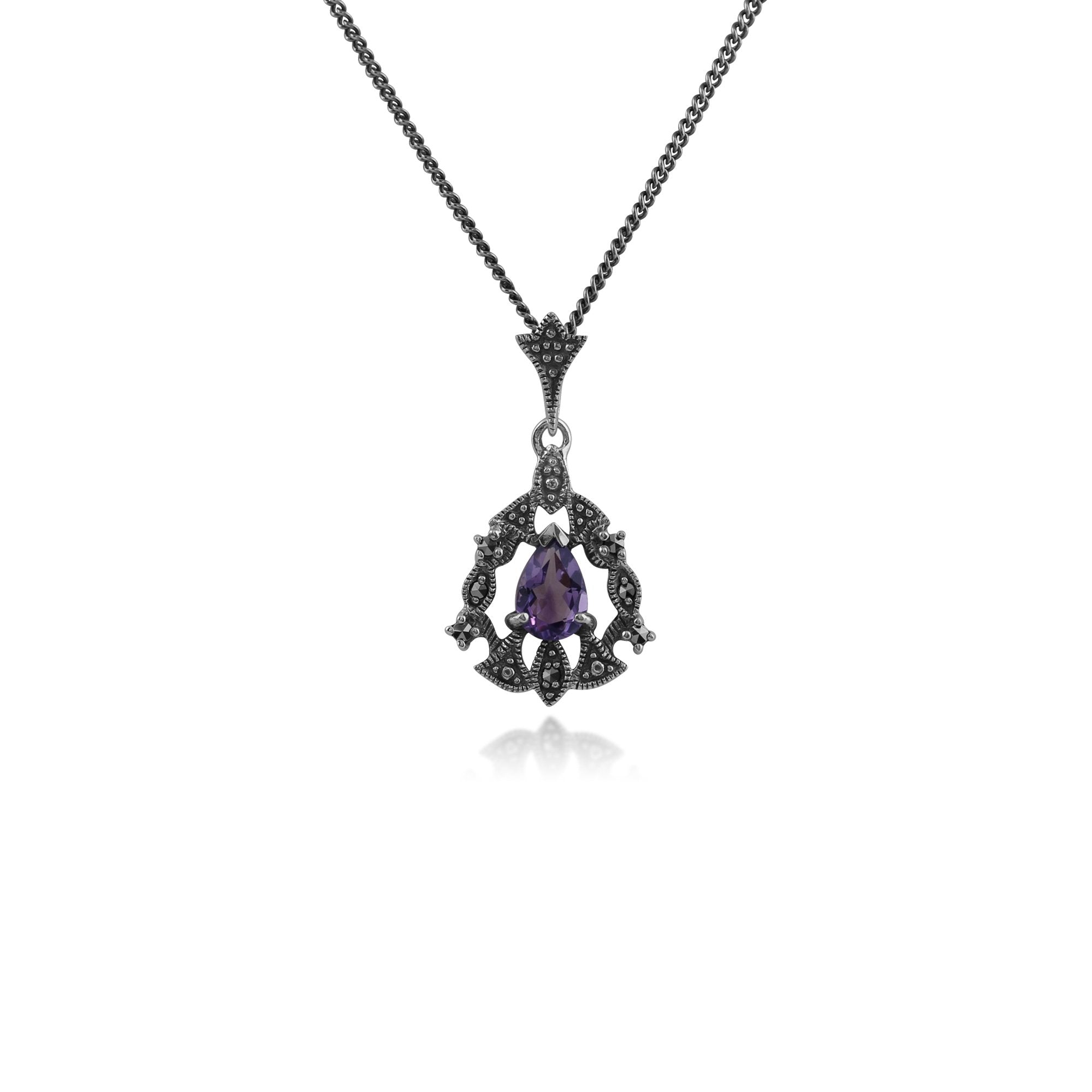 Art Nouveau Style Pear Amethyst & Marcasite Garland Necklace in 925 Sterling Silver