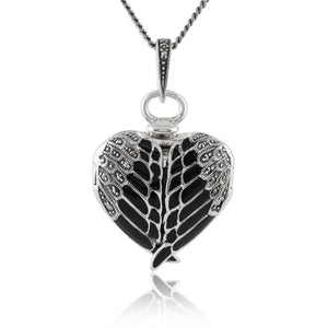 Art Nouveau Style Round Marcasite & Black Enamel Angel Wing Heart Locket on Chain in 925 Sterling Silver