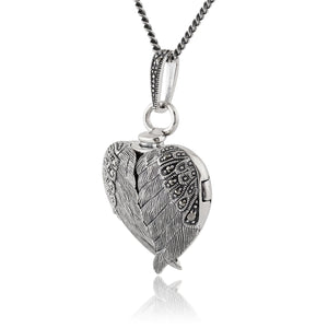 Art Nouveau Style Round Marcasite Angel Wing Heart Locket on Chain in 925 Sterling Silver