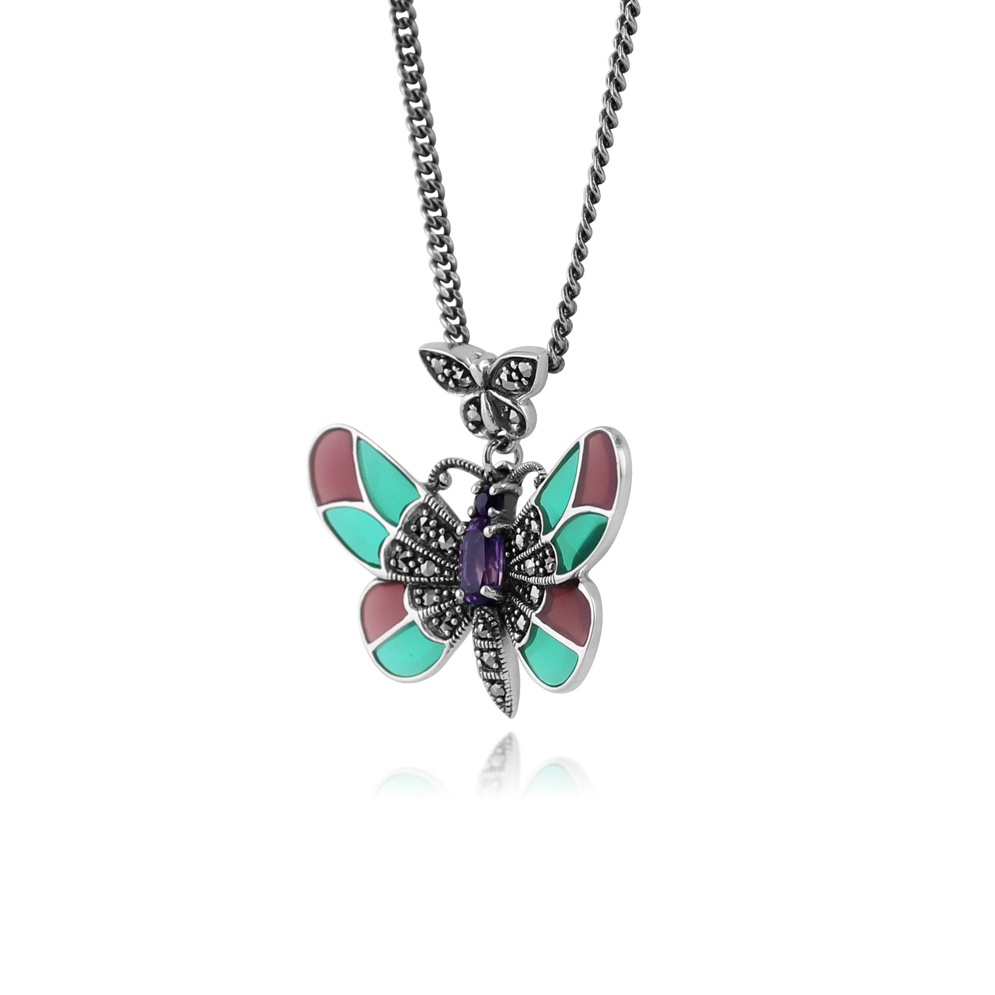Art Nouveau Style Oval Amethyst, Marcasite & Enamel Butterfly Necklace in 925 Sterling Silver