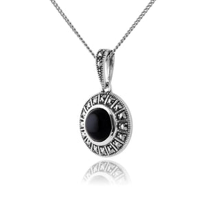 Art Deco Style Round Black Onyx Cabochon & Marcasite Pendant In Sterling Silver