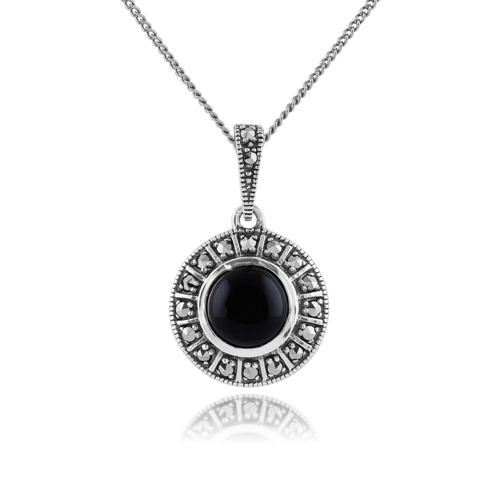 Art Deco Style Round Black Onyx Cabochon & Marcasite Pendant In Sterling Silver