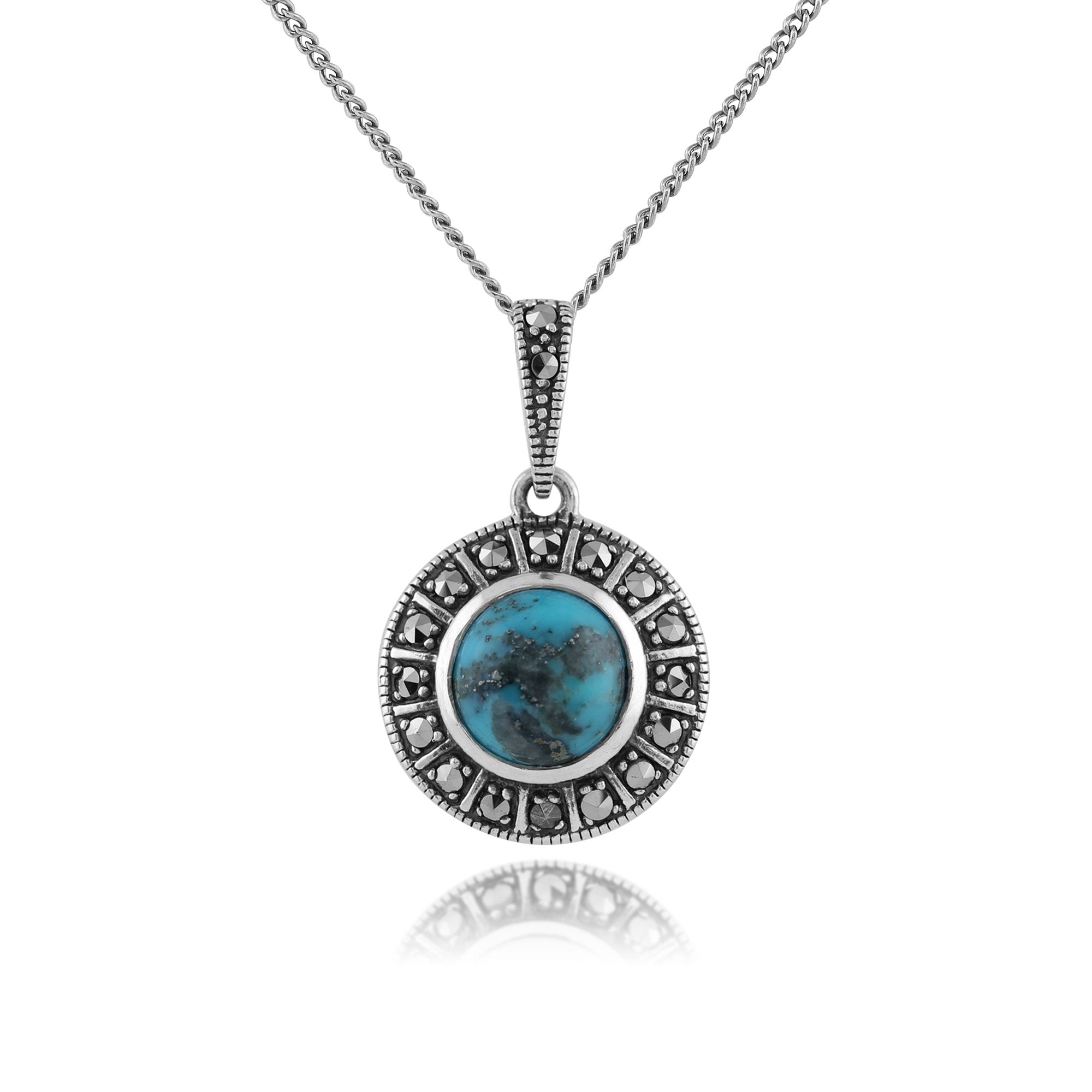 Art Deco Style Round Turquoise Cabochon & Marcasite Pendant in 925 Sterling Silver