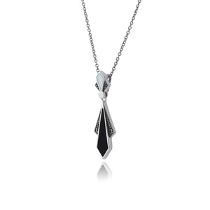 Art Deco Style Diamond Black Onyx, Mother of Pearl & Marcasite Necklace In Sterling Silver