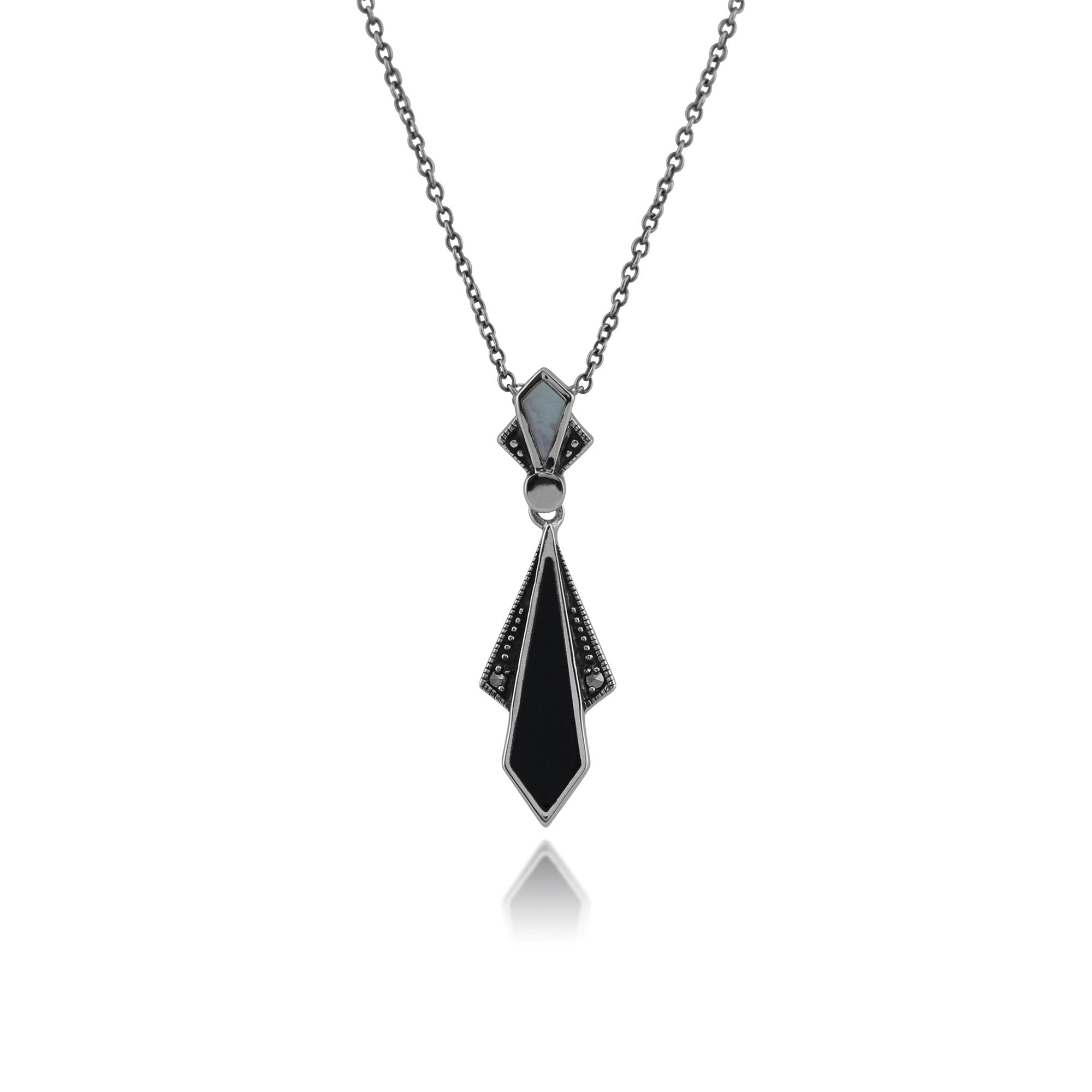 Art Deco Style Diamond Black Onyx, Mother of Pearl & Marcasite Necklace In Sterling Silver