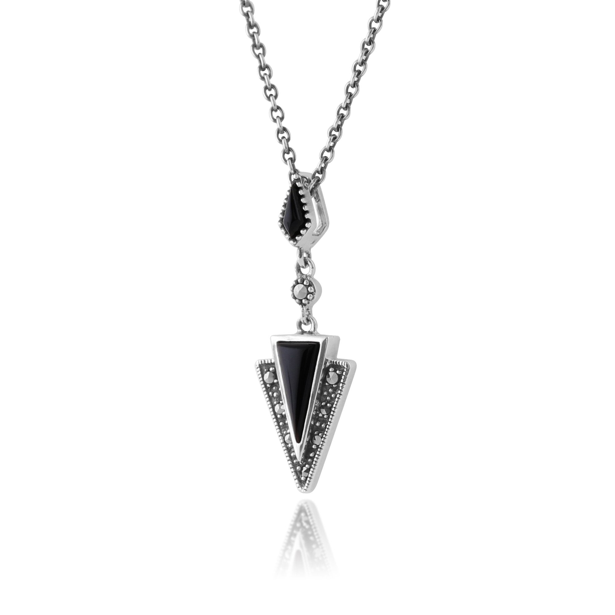 Art Deco Style Black Onyx & Marcasite Pendant in 925 Sterling Silver