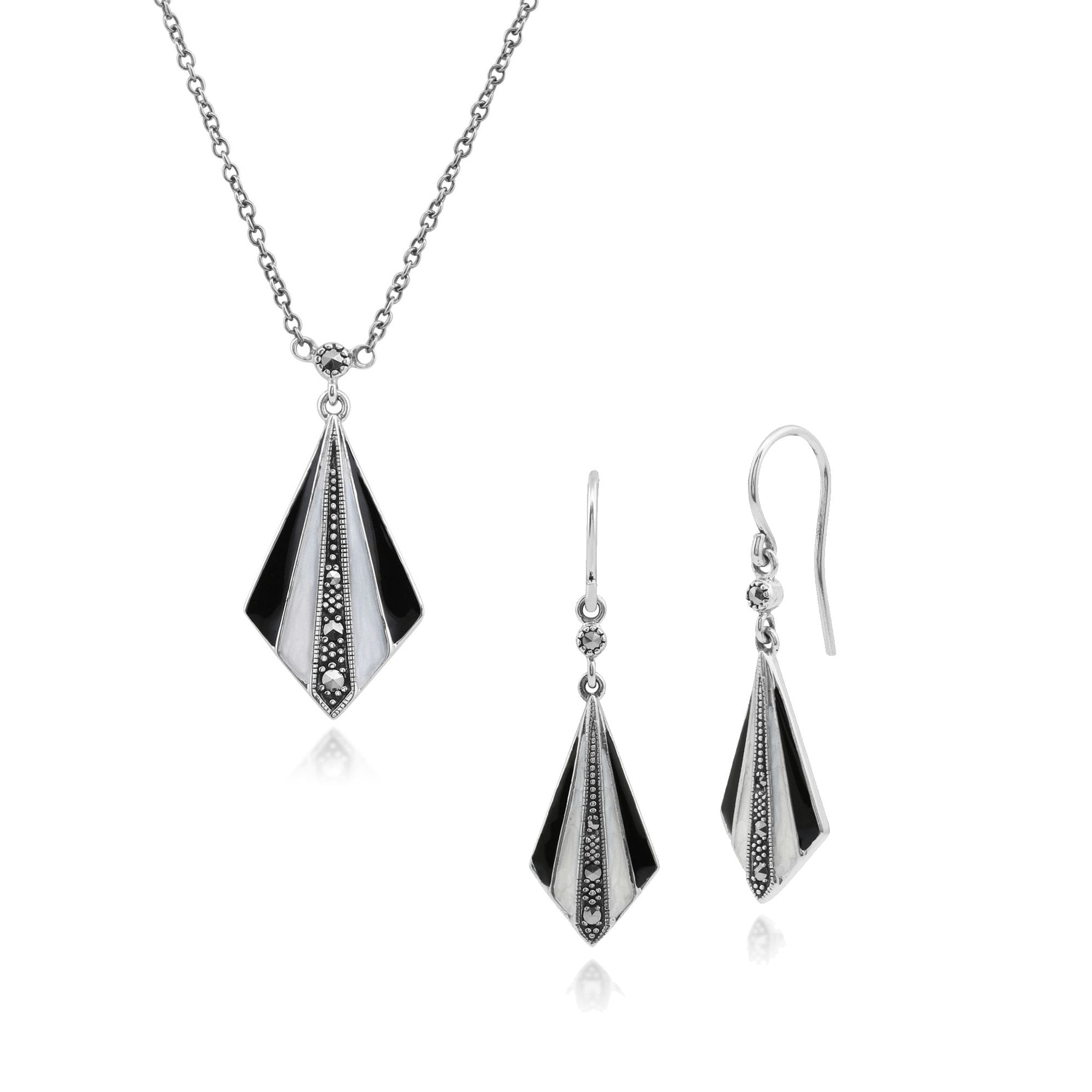 Art Deco Style Enamel & Marcasite Fan Drop Earrings & Necklace Set in 925 Sterling Set