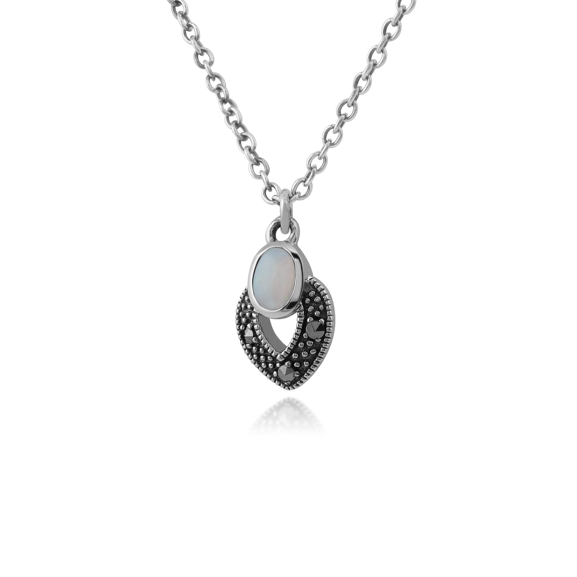 Art Deco Style Oval Opal & Marcasite Necklace in 925 Sterling Silver