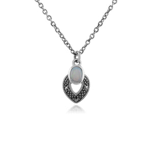 Art Deco Style Oval Opal & Marcasite Necklace in 925 Sterling Silver