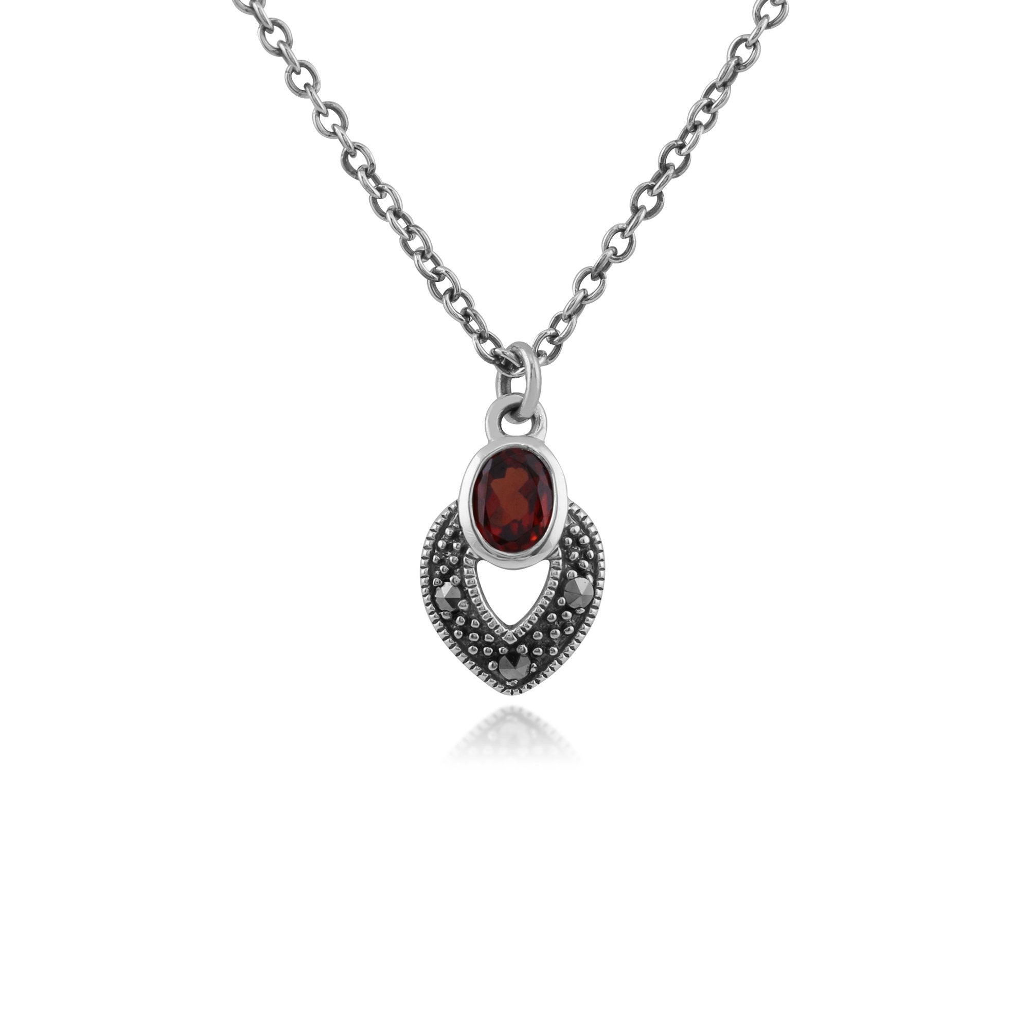 Art Deco Style Oval Garnet & Marcasite Necklace in 925 Sterling Silver