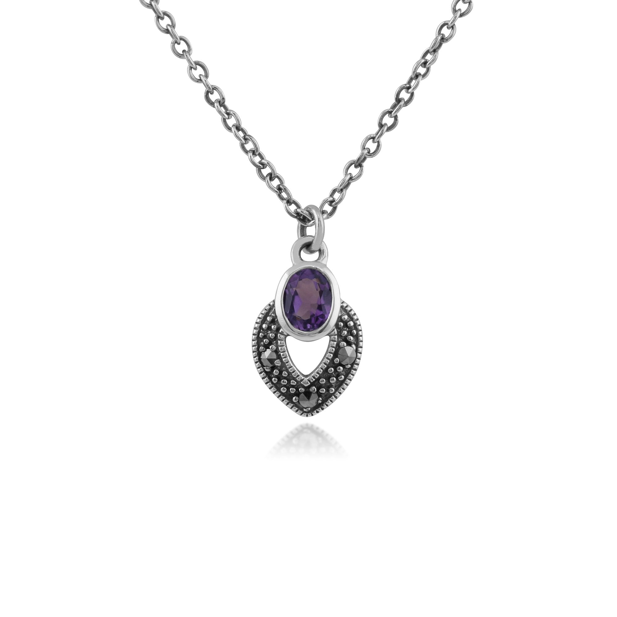 Art Deco Style Oval Amethyst & Marcasite Necklace in 925 Sterling Silver