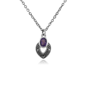 Art Deco Style Oval Amethyst & Marcasite Necklace in 925 Sterling Silver