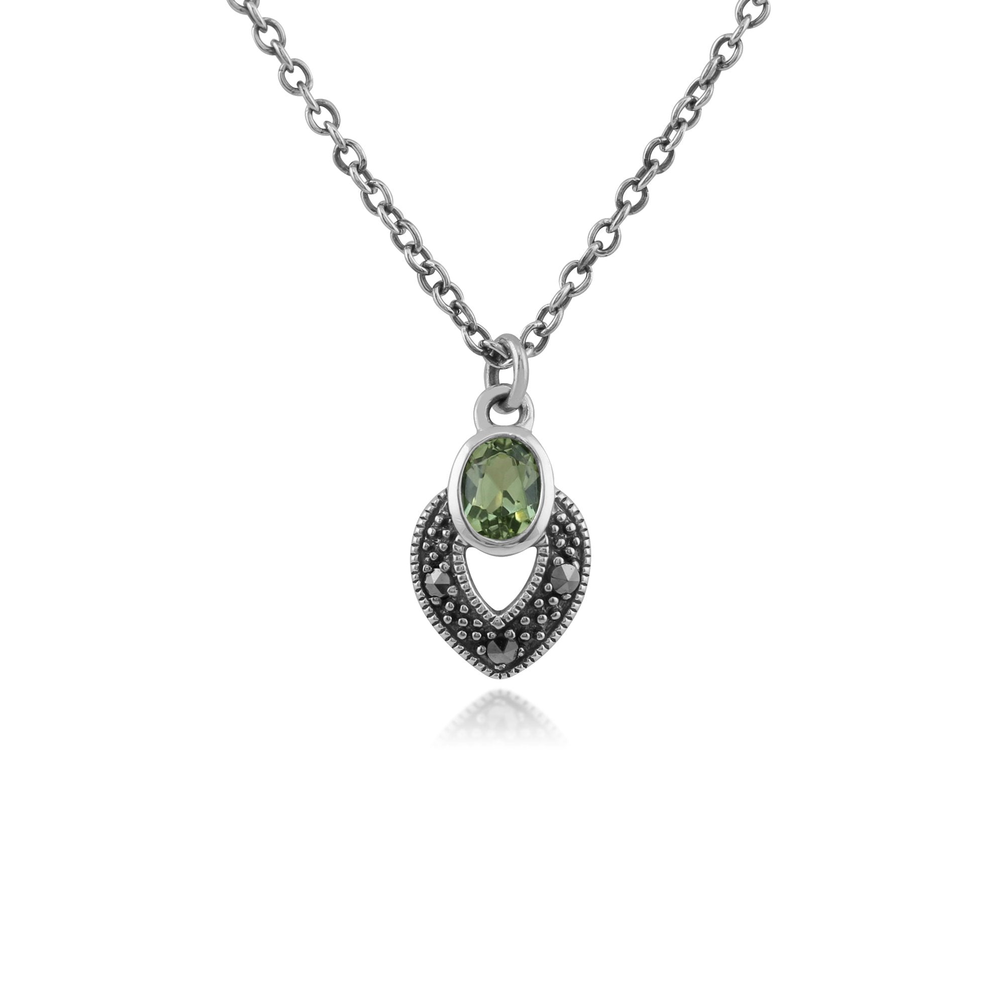 Art Deco Style Oval Peridot & Marcasite Necklace in 925 Sterling Silver