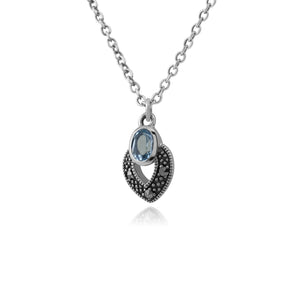Art Deco Style Oval Blue Topaz & Marcasite Necklace in 925 Sterling Silver