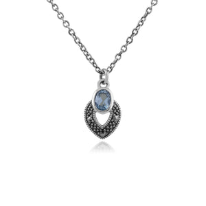 Art Deco Style Oval Blue Topaz & Marcasite Necklace in 925 Sterling Silver