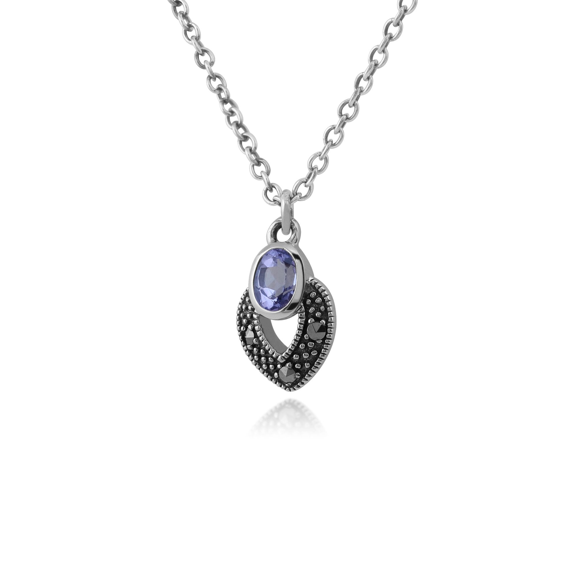Art Deco Style Oval Tanzanite & Marcasite Necklace in 925 Sterling Silver