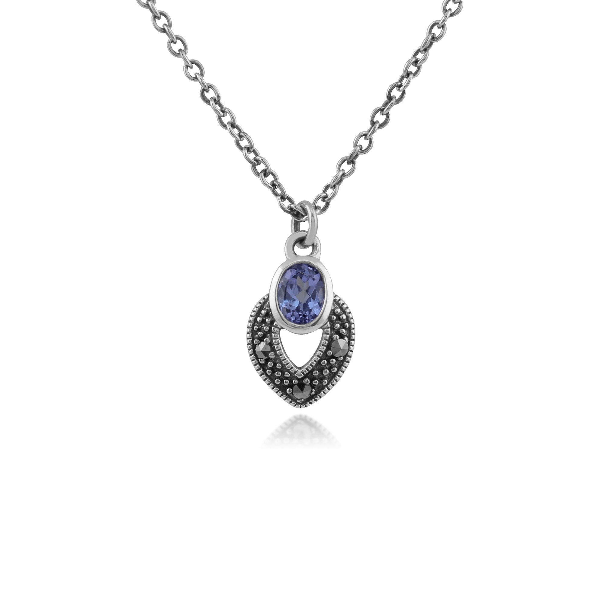 Art Deco Style Oval Tanzanite & Marcasite Necklace in 925 Sterling Silver