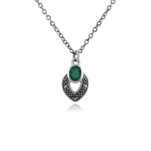 Art Deco Style Oval Emerald & Marcasite Necklace in 925 Sterling Silver