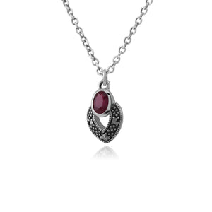 Art Deco Style Oval Ruby & Marcasite Necklace in 925 Sterling Silver