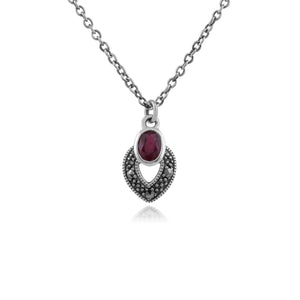Art Deco Style Oval Ruby & Marcasite Necklace in 925 Sterling Silver