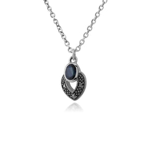 Art Deco Style Oval Sapphire & Marcasite Necklace in 925 Sterling Silver