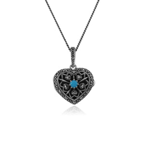 Art Nouveau Style Round Turquoise & Marcasite Heart Necklace in 925 Sterling Silver