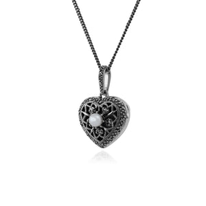 Art Nouveau Style Pearl & Marcasite Heart Necklace in 925 Sterling Silver