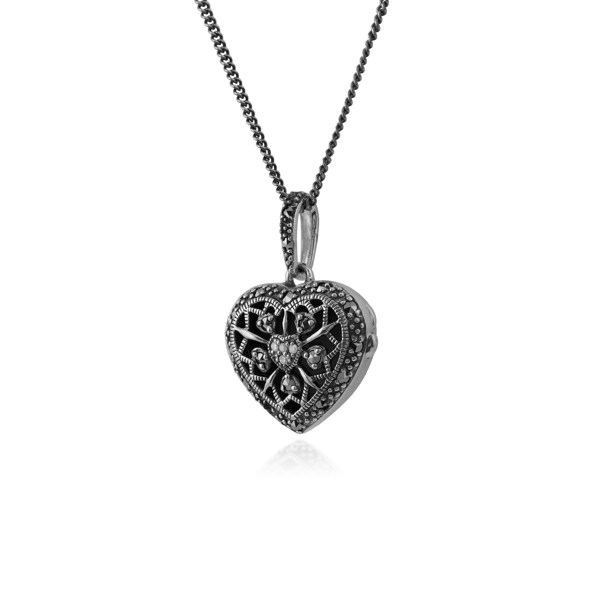 Art Nouveau Style Round Diamond & Marcasite Heart Necklace in 925 Sterling Silver
