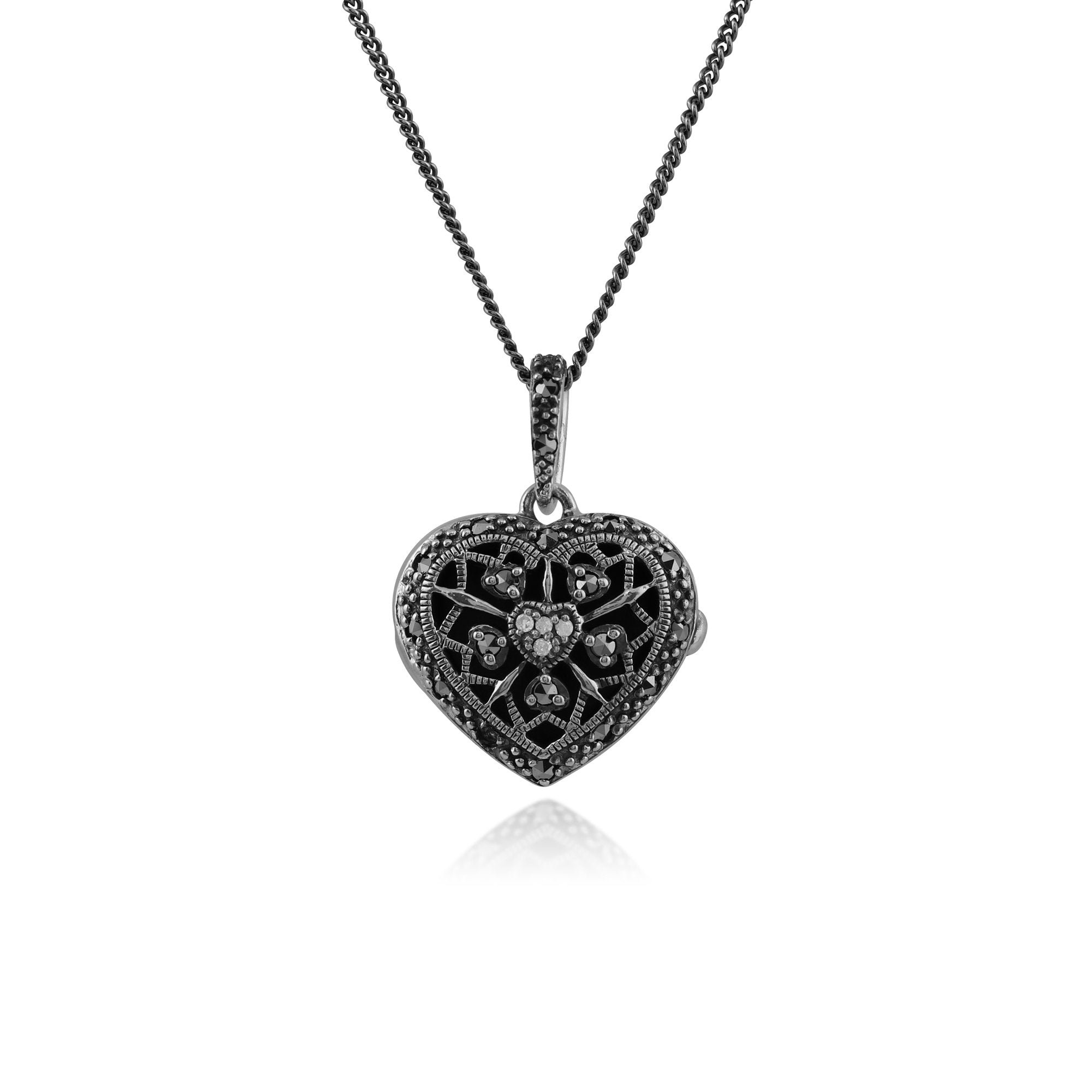 Art Nouveau Style Round Diamond & Marcasite Heart Necklace in 925 Sterling Silver