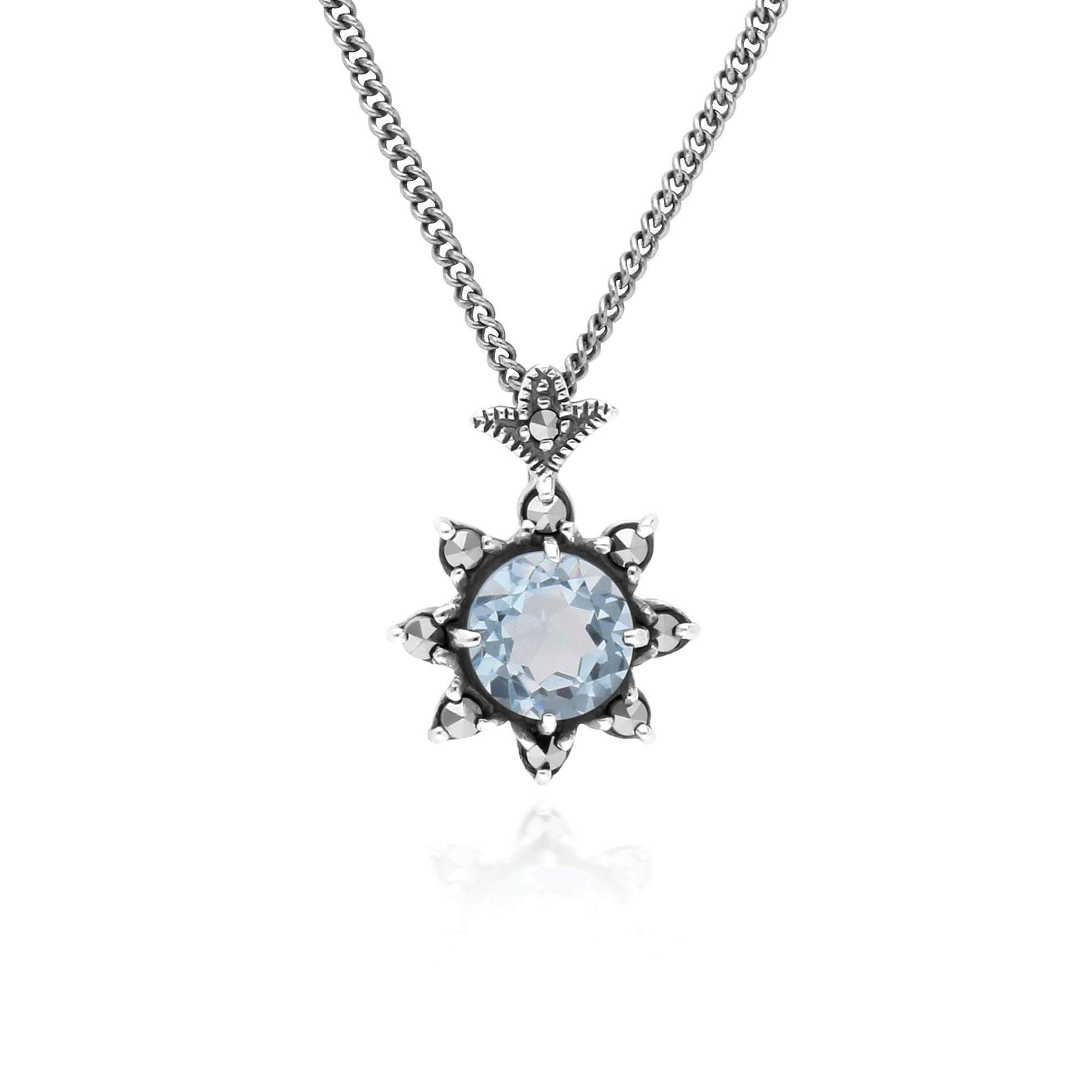 Floral Round Blue Topaz & Marcasite Pendant in 925 Sterling Silver