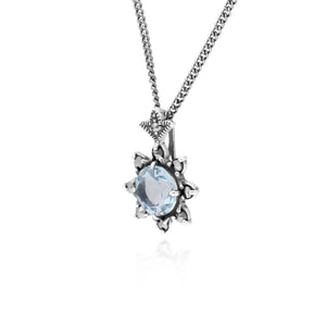 Floral Round Blue Topaz & Marcasite Pendant in 925 Sterling Silver