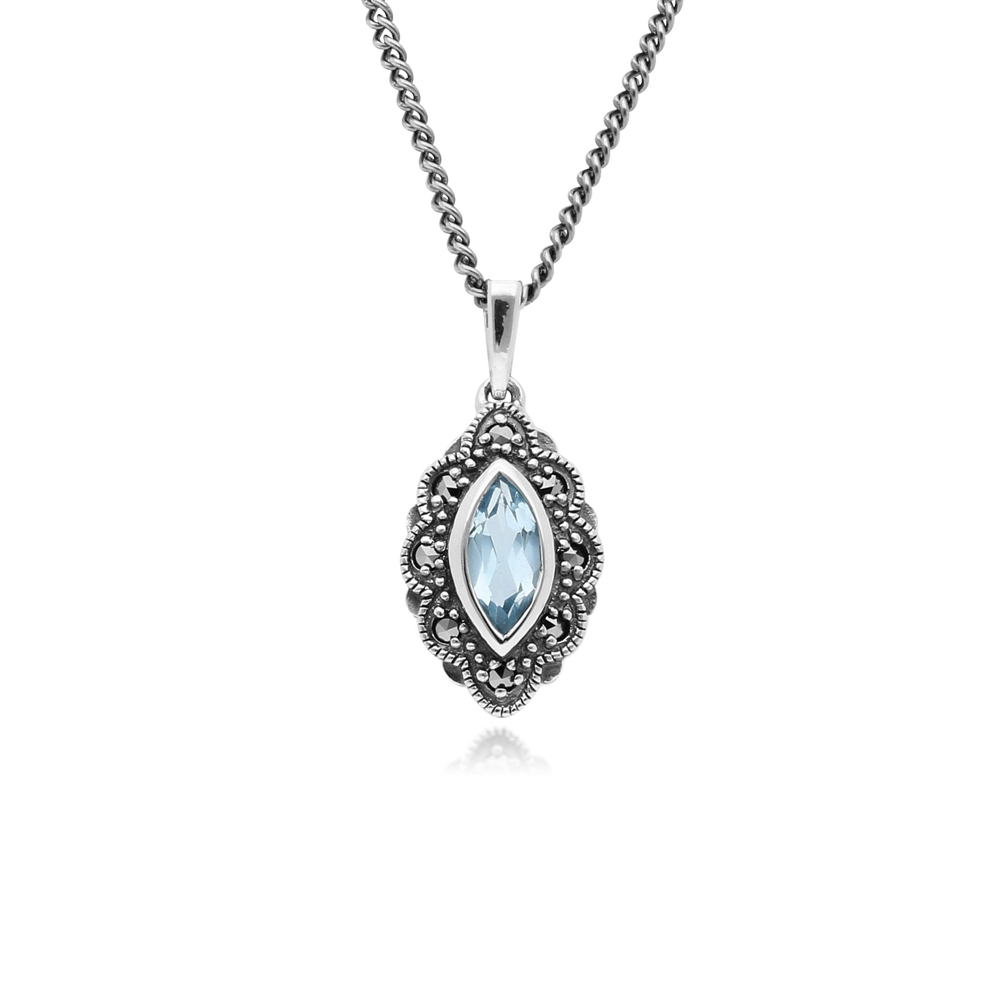 Art Deco  Marquise Blue Topaz & Marcasite Pendant in 925 Sterling Silver