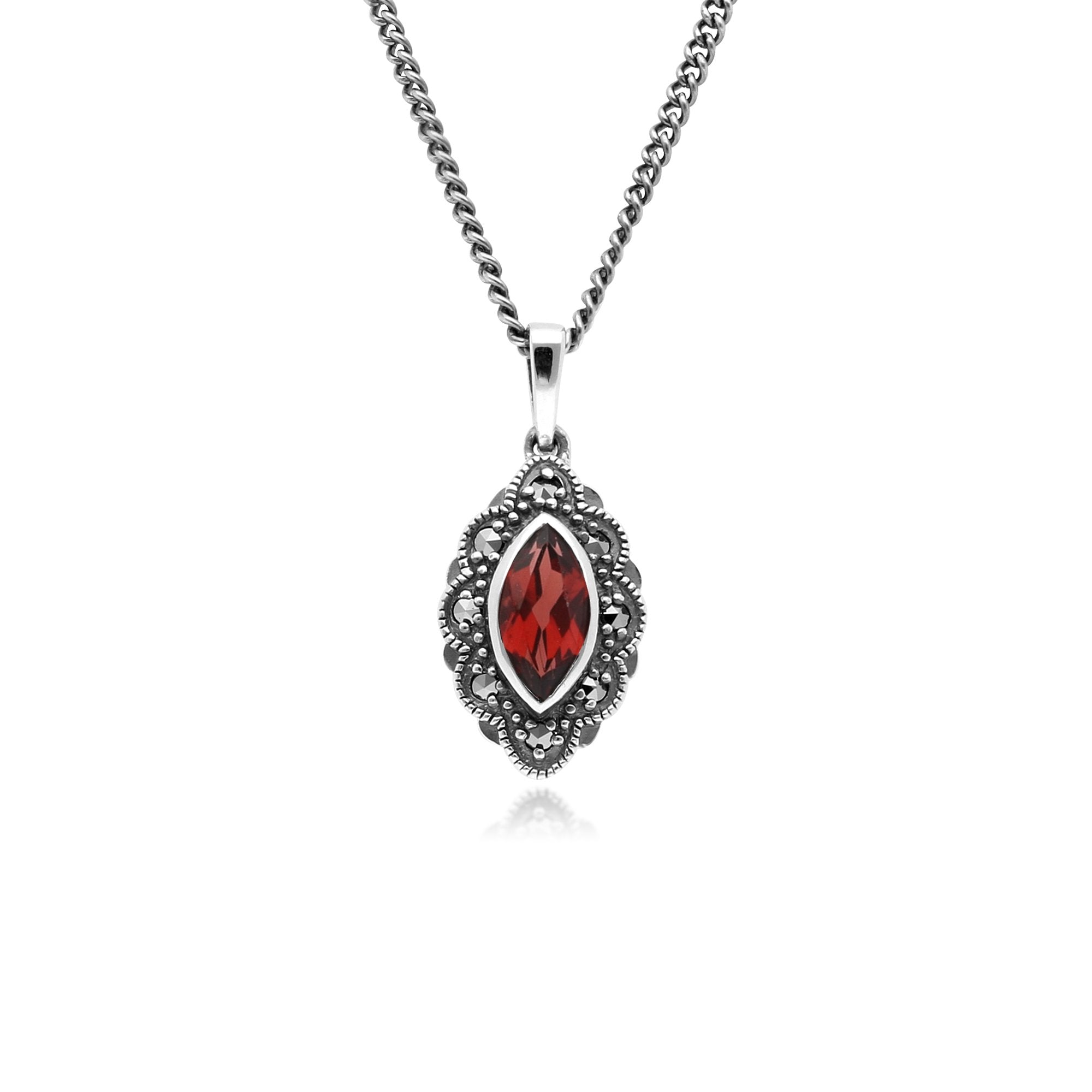 Art Deco Style Marquise Garnet & Marcasite Pendant in 925 Sterling Silver