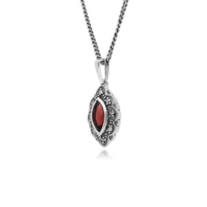 Art Deco Style Marquise Garnet & Marcasite Pendant in 925 Sterling Silver