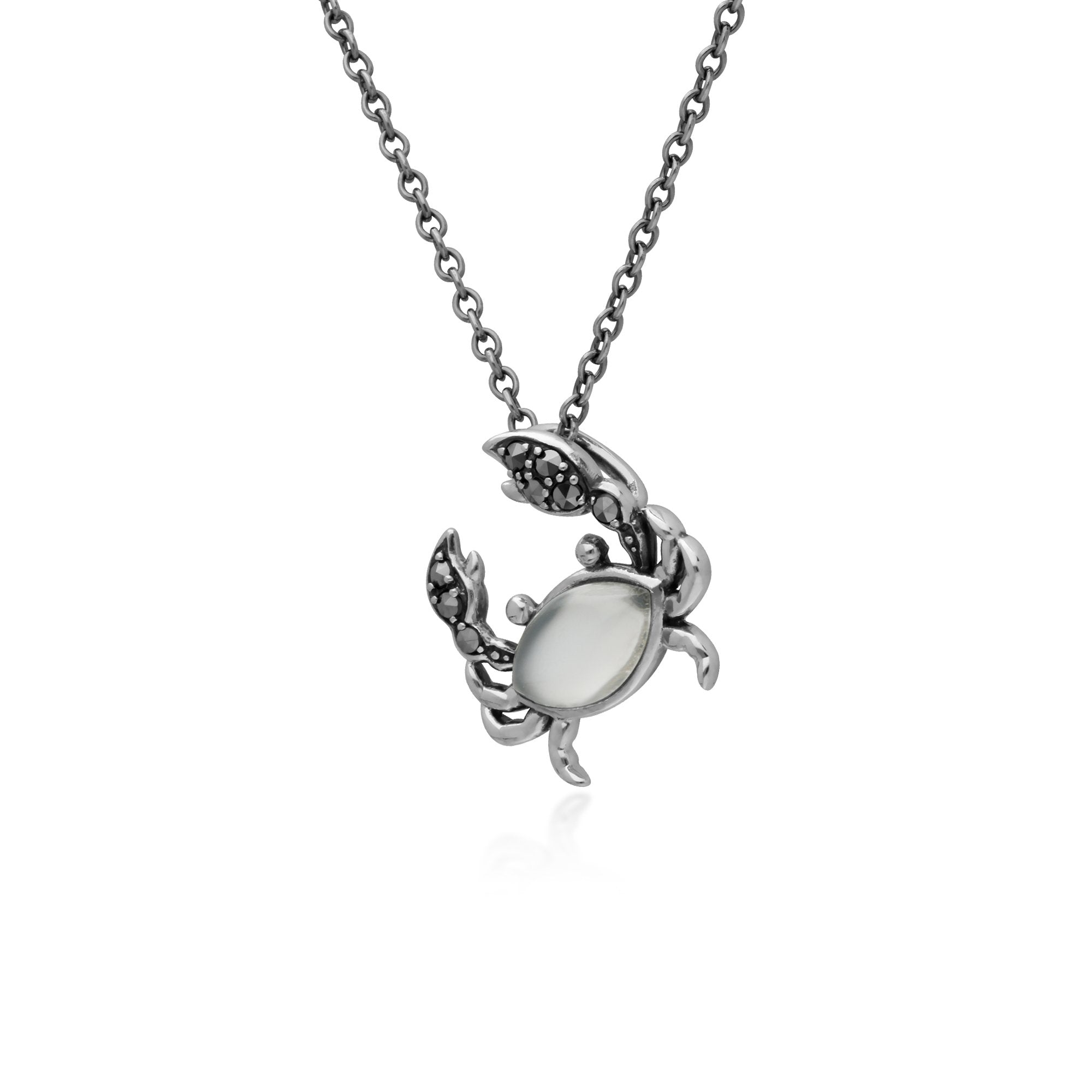Classic Marquise Moonstone & Marcasite Crab Necklace in 925 Sterling Silver