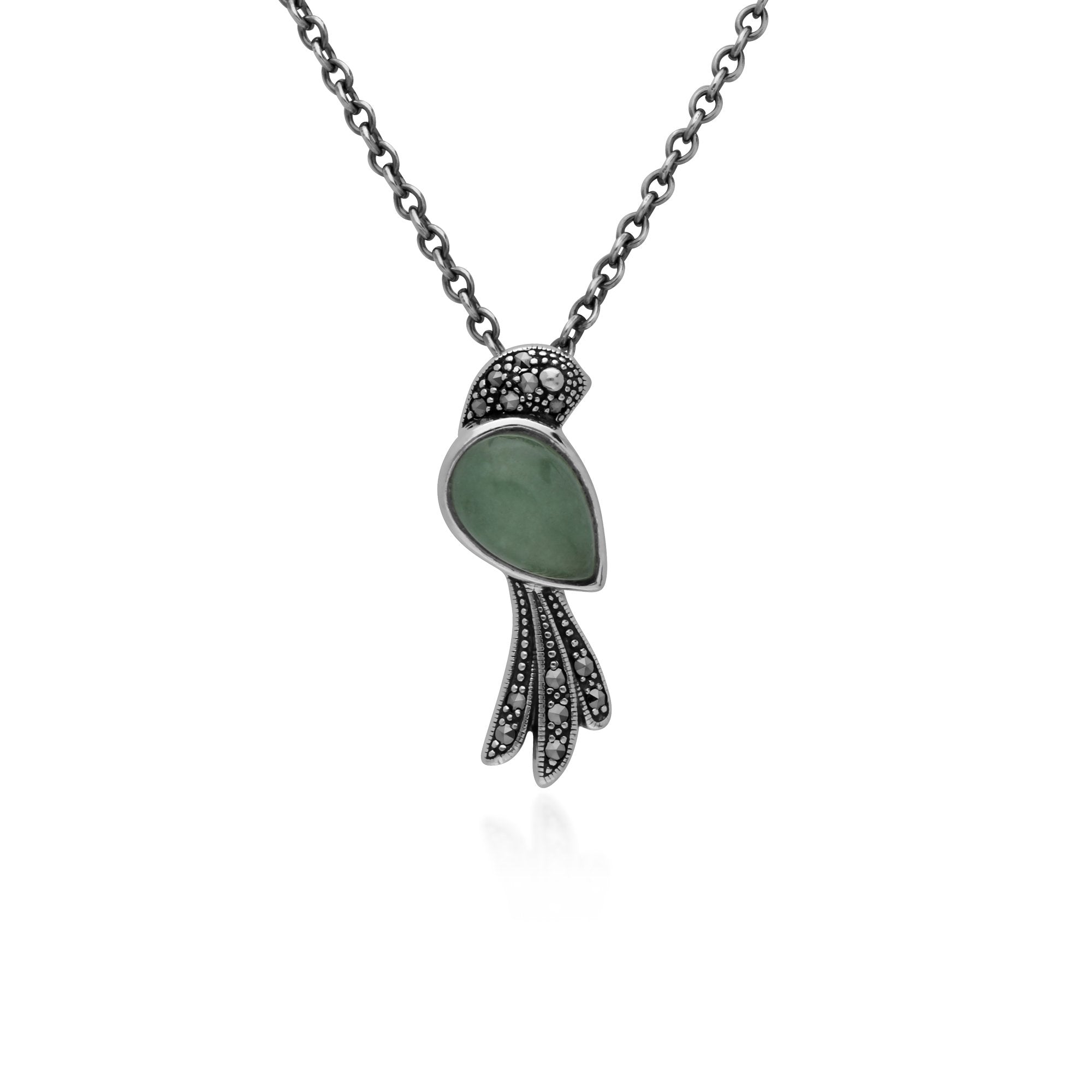 Classic Pear Green Jade & Marcasite Bird Necklace in 925 Sterling Silver