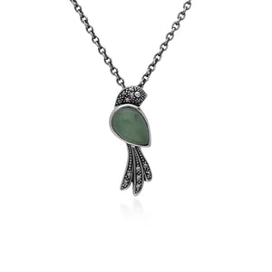 Classic Pear Green Jade & Marcasite Bird Necklace in 925 Sterling Silver