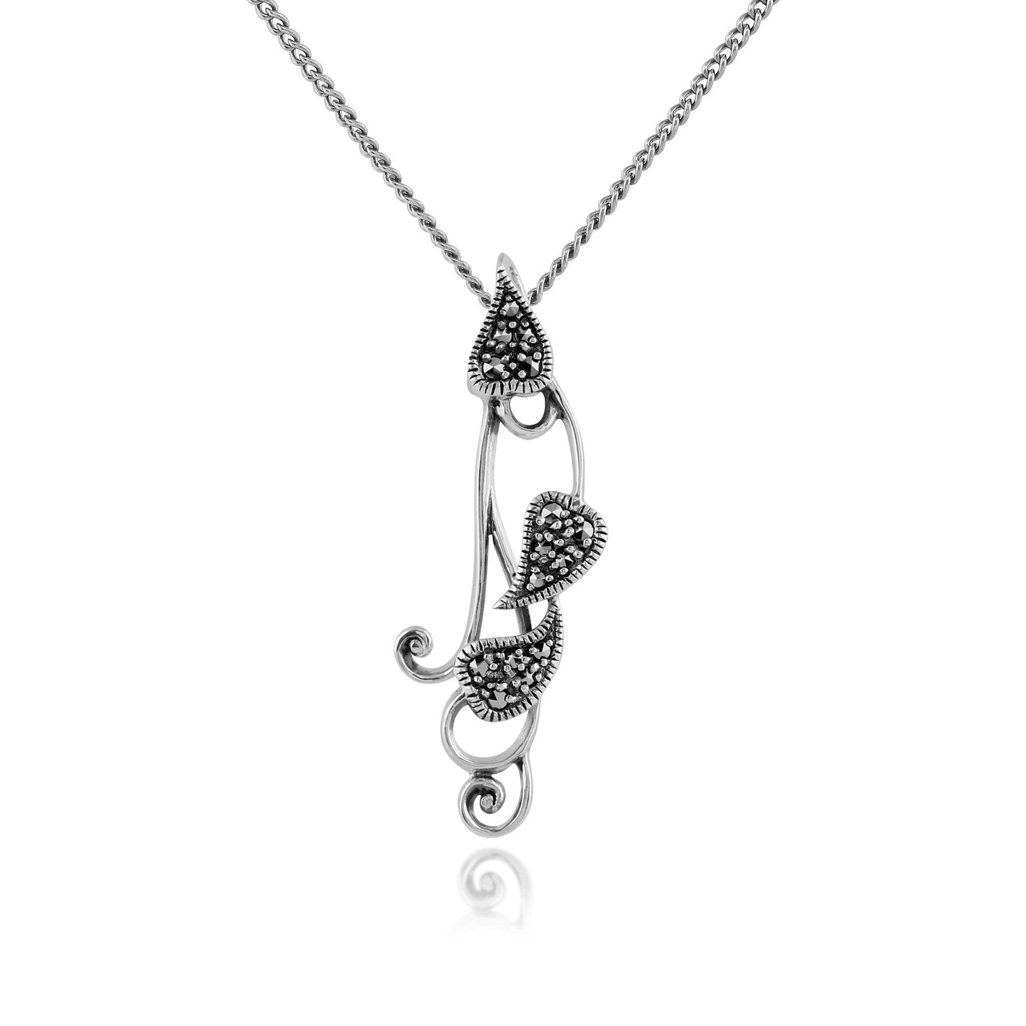 Art Nouveau Style Round Marcasite Leaf Pendant in 925 Sterling Silver