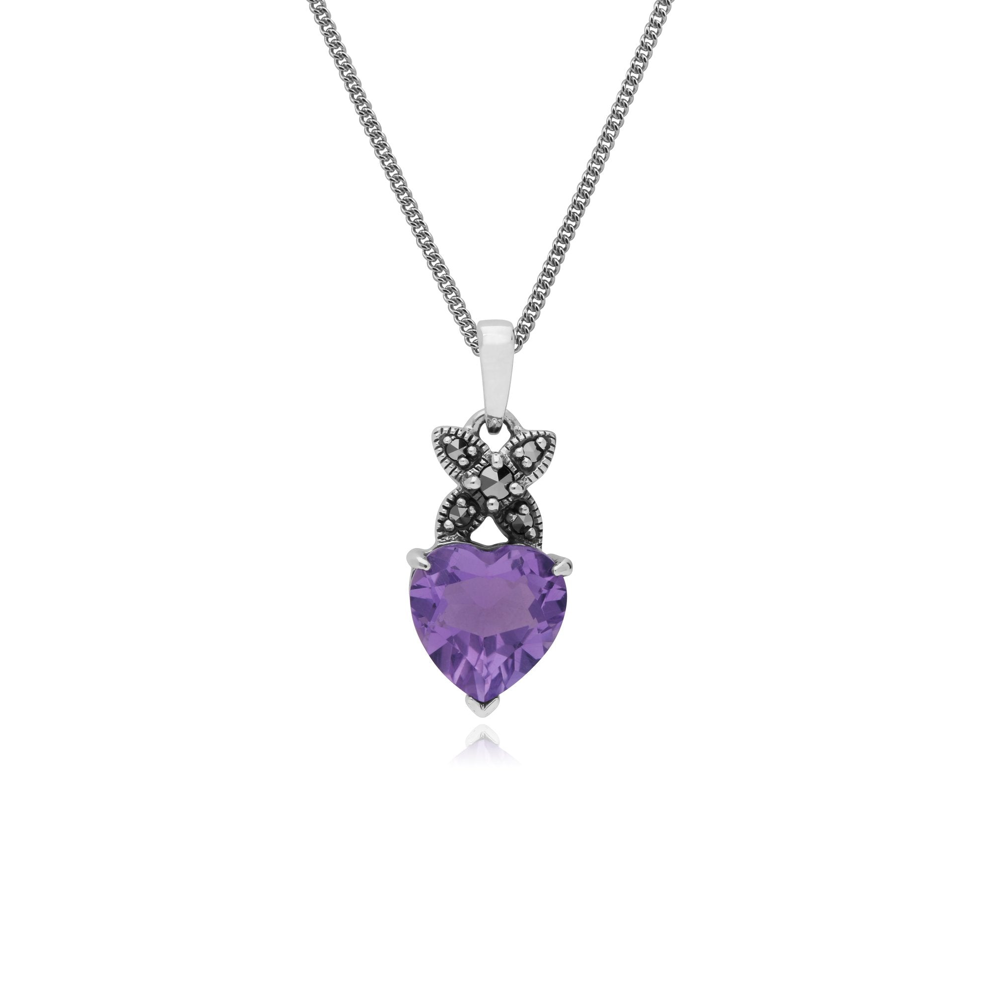 Sterling Silver Amethyst & Marcasite February Heart Pendant on 45cm Chain