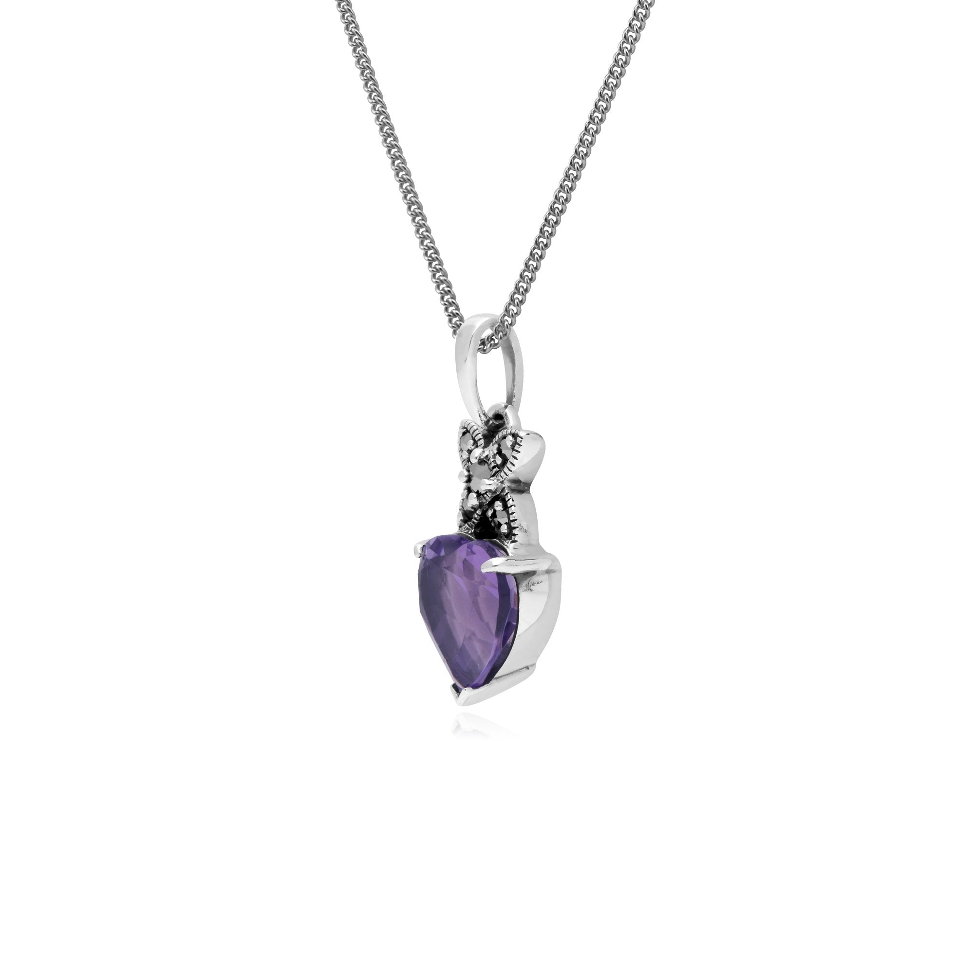 Sterling Silver Amethyst & Marcasite February Heart Pendant on 45cm Chain