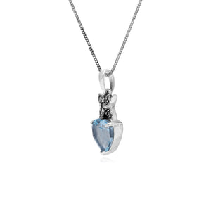 Sterling Silver Blue Topaz & Marcasite February Heart Pendant on 45cm Chain