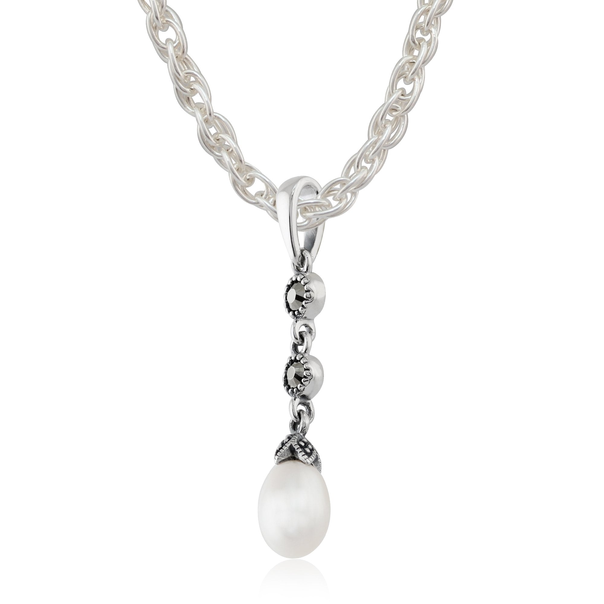 Art Nouveau Style Freshwater Pearl & Marcasite Pendant in 925 Sterling Silver