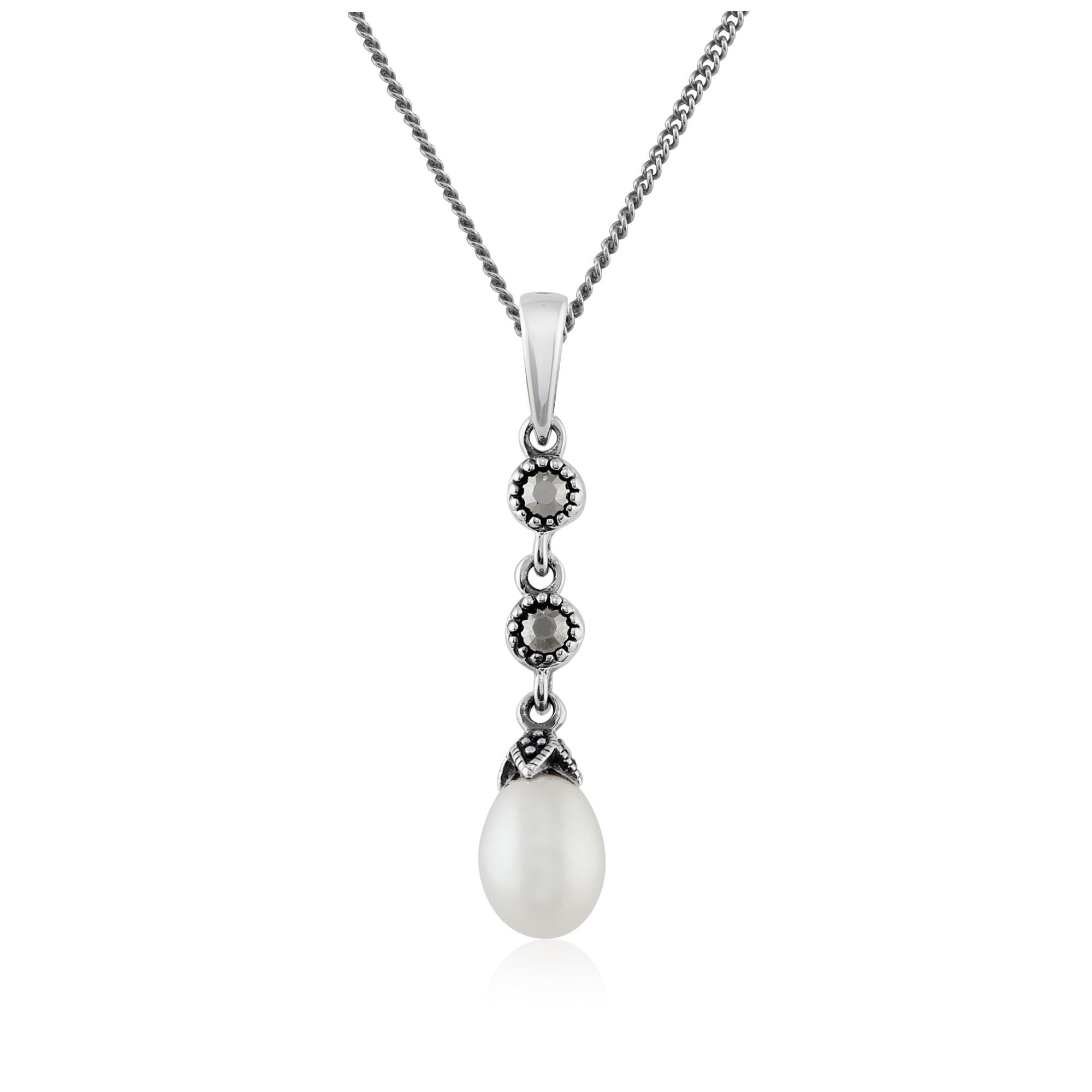 Art Nouveau Style Freshwater Pearl & Marcasite Drop Pendant in 925 Sterling Silver