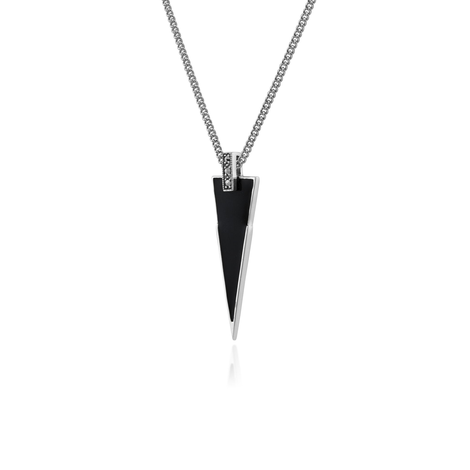 Art Deco Style Black Enamel & Round Marcasite Triangle Pendant in 925 Sterling Silver