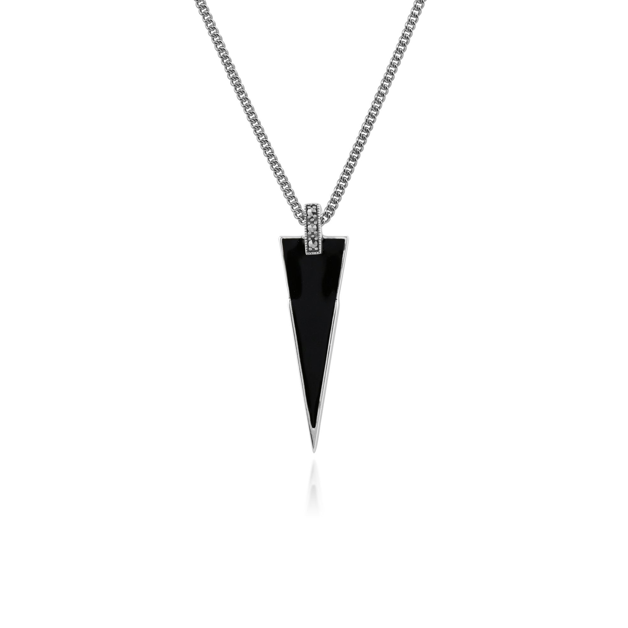Art Deco Style Black Enamel & Round Marcasite Triangle Pendant in 925 Sterling Silver